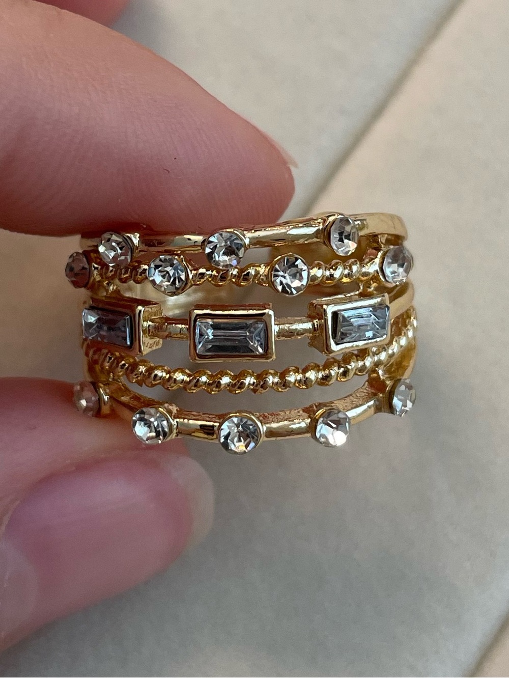 18k Gold Plated Multi-Row Crystal Statement Adjustable Ring B04-02